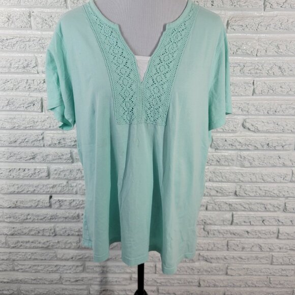 Basic Editions Womens Top 2X Plus Short Sleeve Blue Cotton Crochet Trim BLU132E - Picture 4 of 7